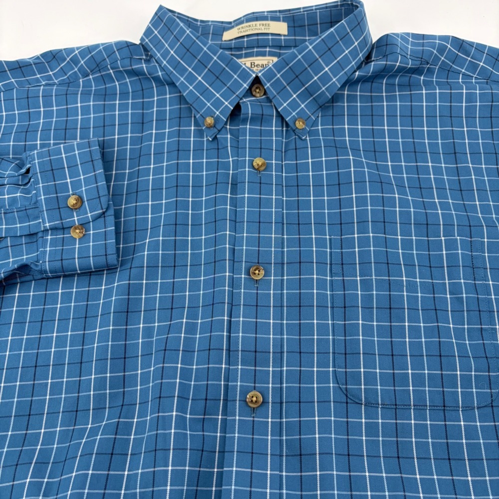LL Bean Mens XXL Traditional Fit Wrinkle Free Plaid Button Down Shirt Blue